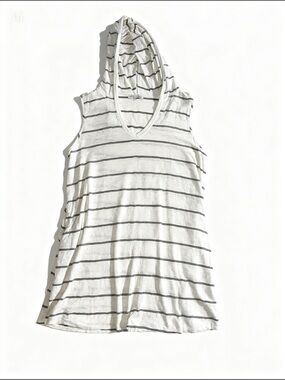Green Envelope White Sleeveless Hooded Tunic with Black Stripes